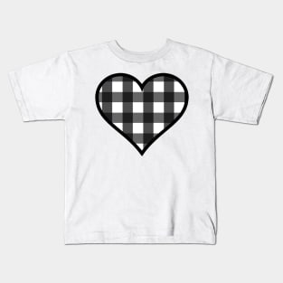 Black and White Buffalo Plaid Heart Kids T-Shirt